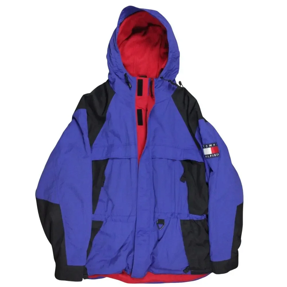 Vintage Tommy Hilfiger Colorblock Hooded Jacket Mens L Blue Black 90s
